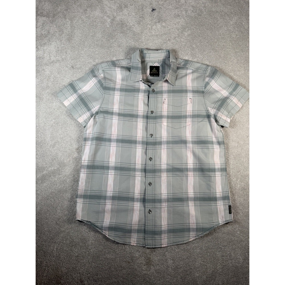 Prana Men's Lg S/S Plaid Button Shirt Gray Outdoor Hiking Pocket Organic Cotton - Picture 5 of 10